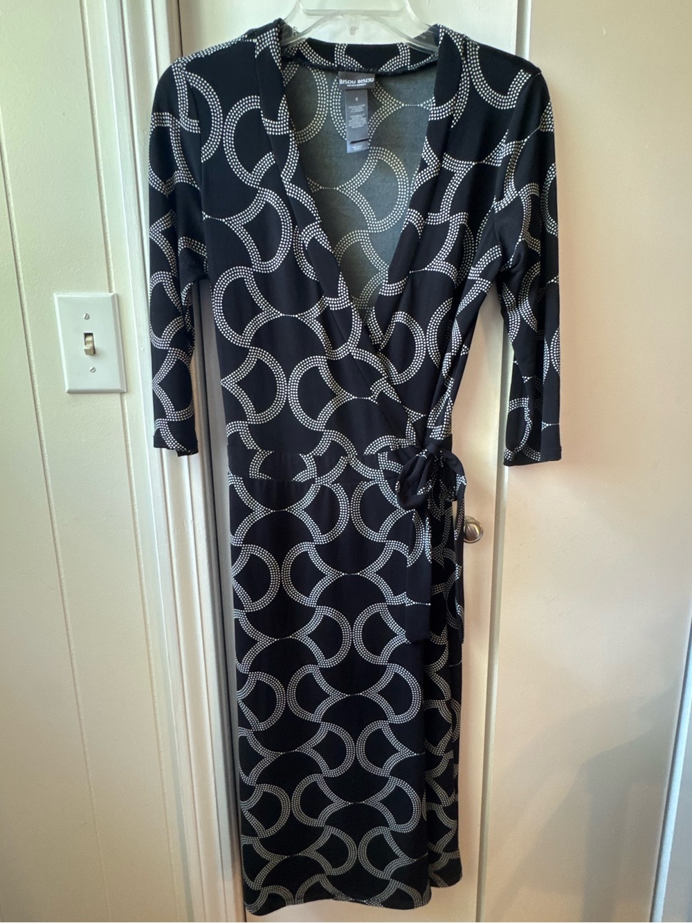 Bisou Bisou Michele Bohbot Geometric Dotted Wrap Dress Black White Size 6